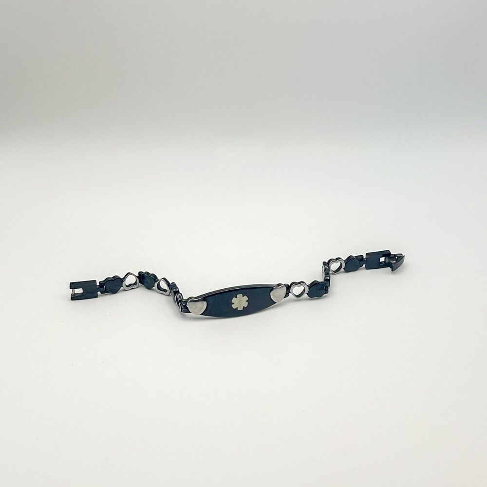 Medical Alert Bracelet Black Hearts Penicillin Allergy Seizure 7"
